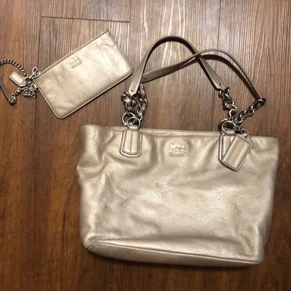 Metallic look Coach purse with matching wristlet